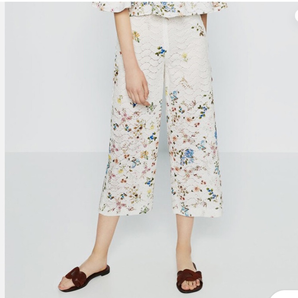ZARA Floral Printed Culottes Embroidered Cut Out Cropped Pants Trousers Cream - Picture 1 of 9